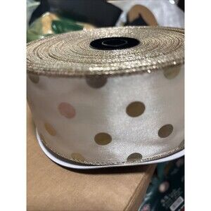 GOLD Polka Dots On Ivory Ribbon 2.5” HANUKKAH /CHRISTMAS Satin Wired Edge Ribbon